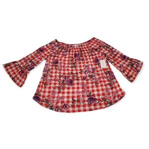 New York Laundry Red Plaid Floral Print 3/4 Flared Sleeve Missy Tunic Top Shirt